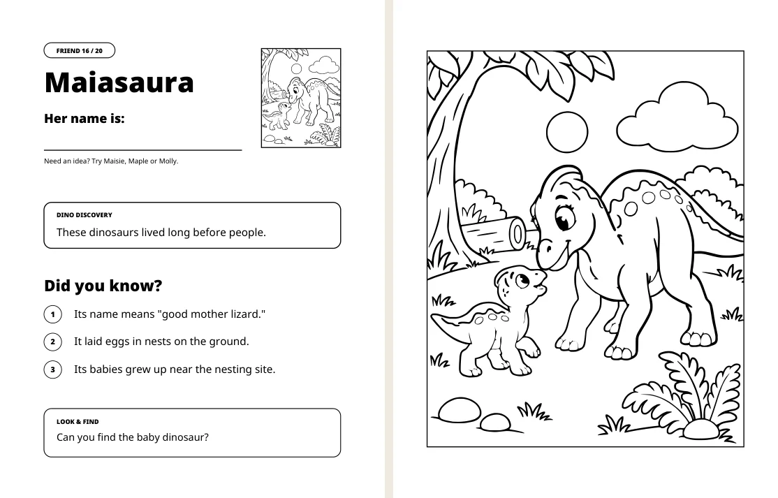 Maiasaura facts on the left and matching coloring picture on the right