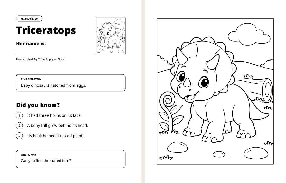 Triceratops facts on the left and matching coloring picture on the right