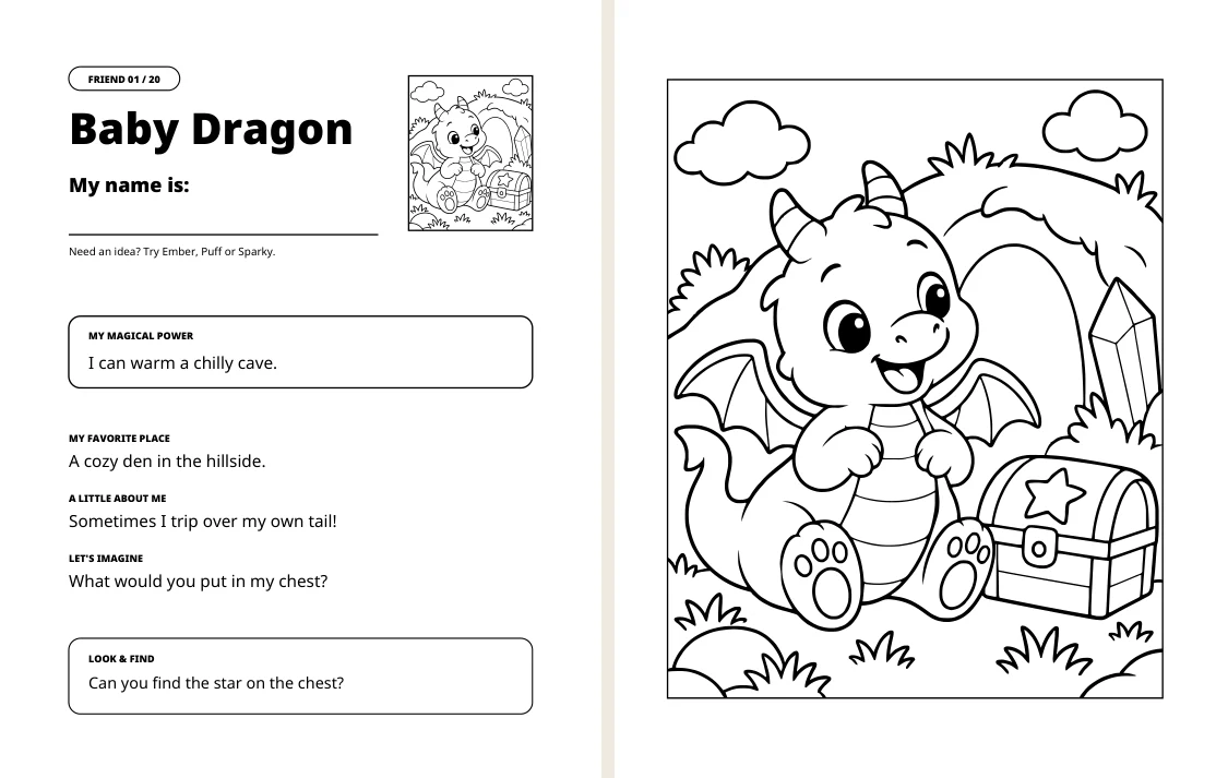 Baby-Dragon magical powers and activities on the left and matching coloring picture on the right