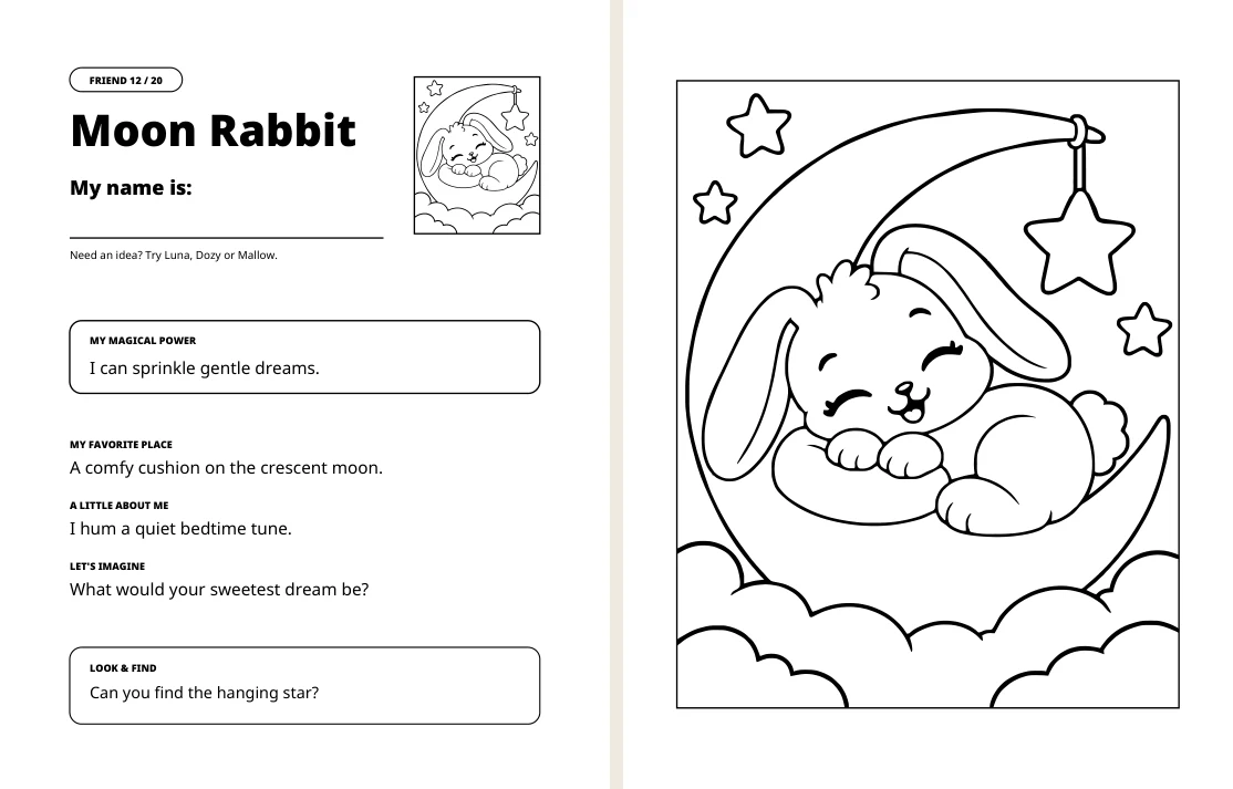 Moon-Rabbit magical powers and activities on the left and matching coloring picture on the right