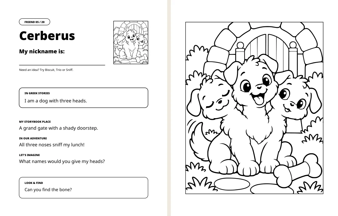 Cerberus story prompts and activities on the left and matching coloring picture on the right