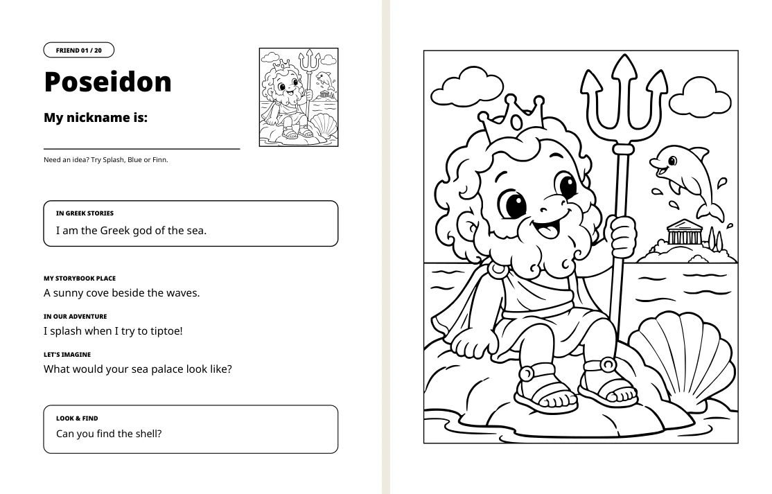Poseidon story prompts and activities on the left and matching coloring picture on the right