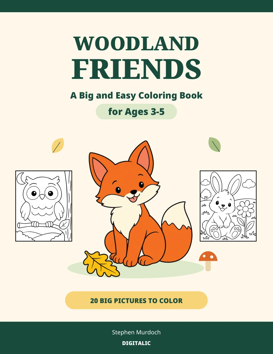 Woodland Friends front cover with a colorful fox and sample coloring pictures